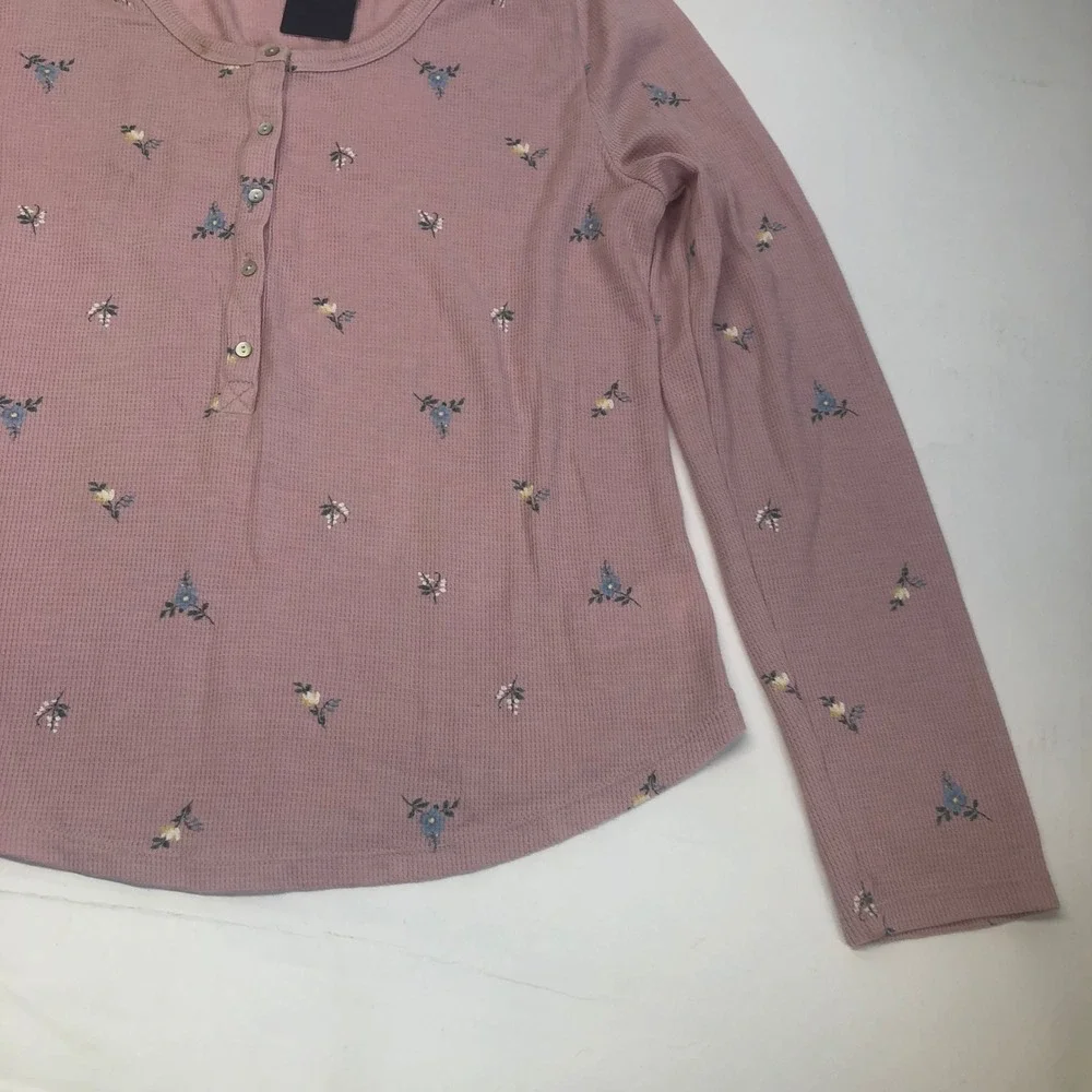 Lucky Brand Floral Waffle Knit Henley‎ Top Long Sleeve Casual Pink L - Picture 6 of 10